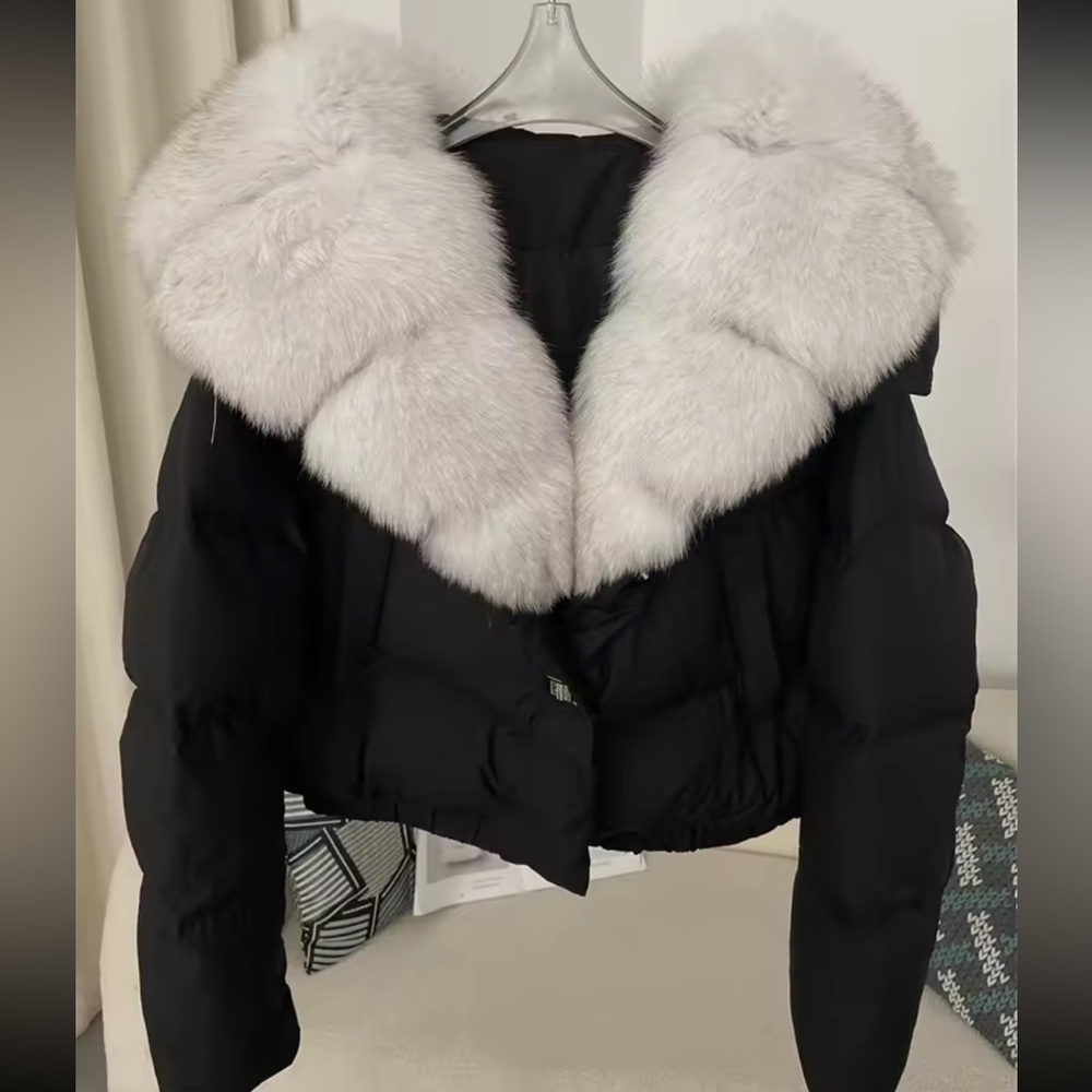 Fox Fur Down puffer coat jacket black silver women’s winter outerwear